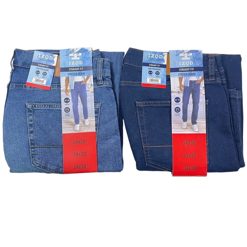 IZOD Saltwater Mens Straight Fit Stretch Denim Jeans 34x30 2 Pairs Dark and Blue
